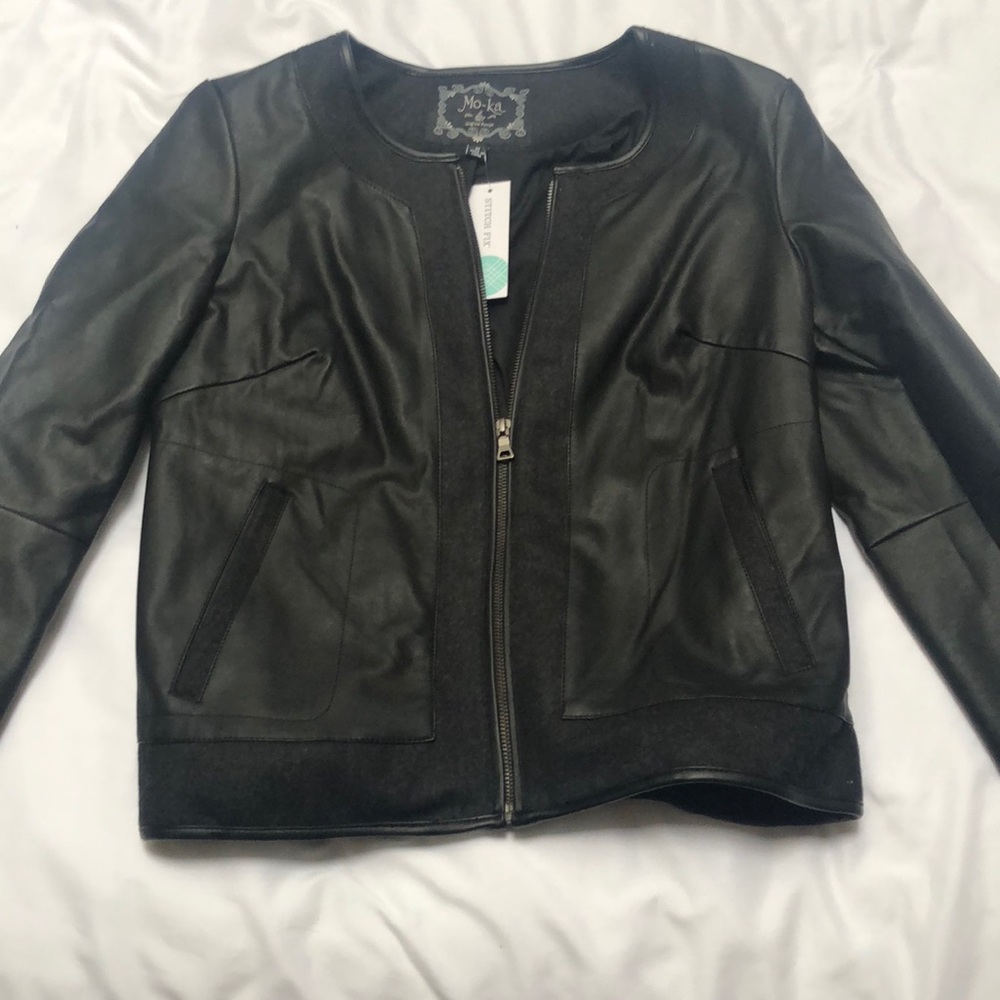 Wool trim faux leather jacket